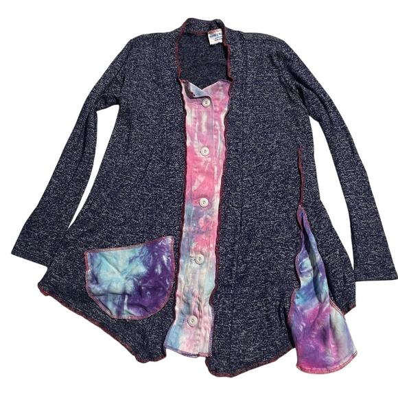 Rags 2 Riches Button Front Cardigan Upcycled Handmade Womens Large Tie Dye Blue - Picture 1 of 9
